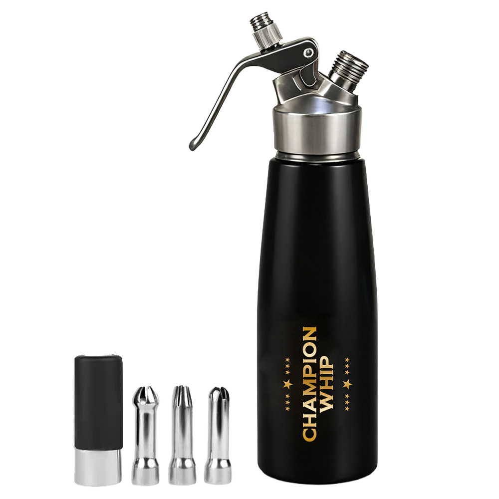 Dispensador de crema batida de acero inoxidable de 500ml con boquillas decorativas y soporte de cargador - Champion Whip