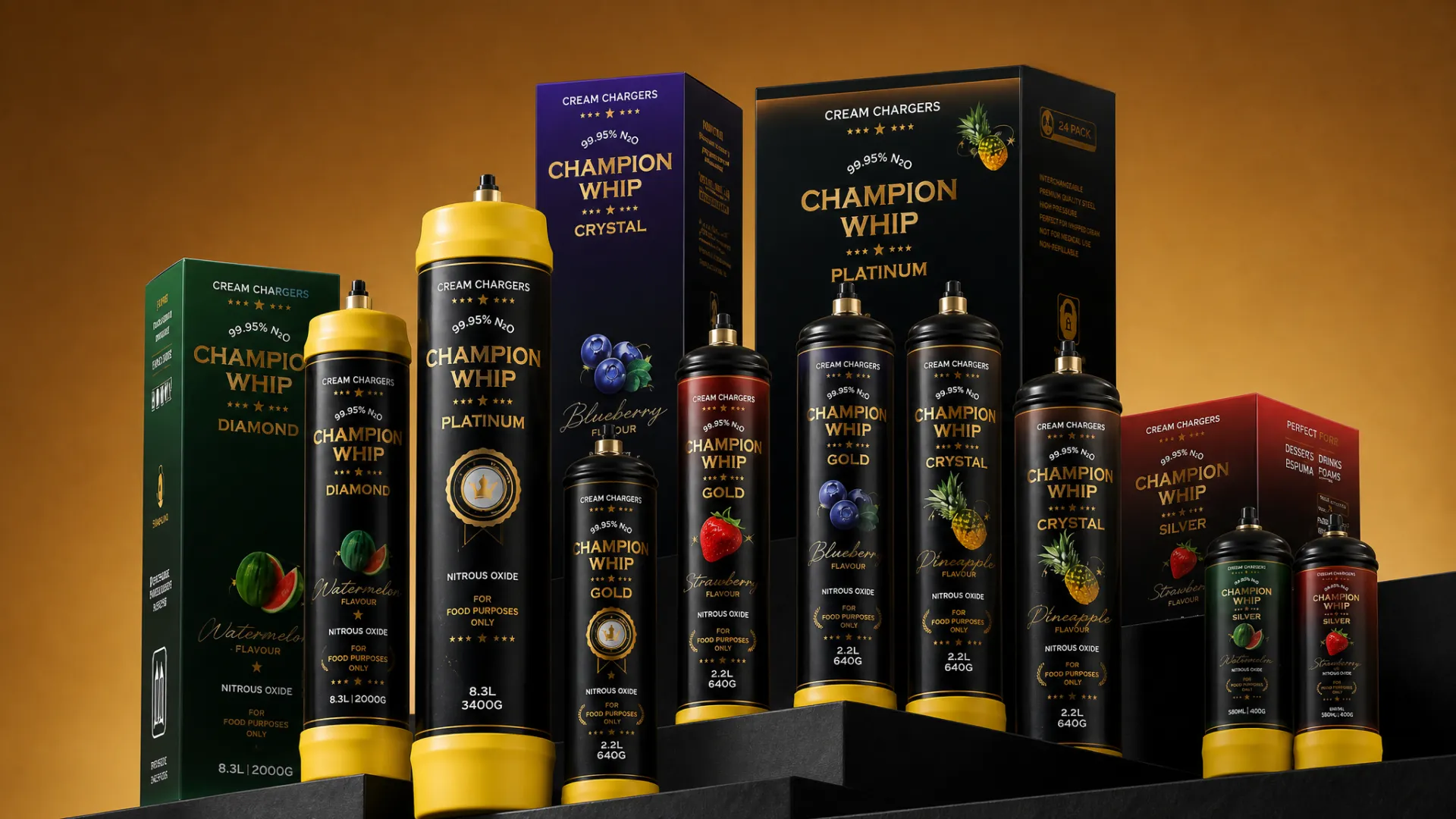 Champion Whip custom cream charger product line — full range of cylinder sizes with private label colorbox packaging