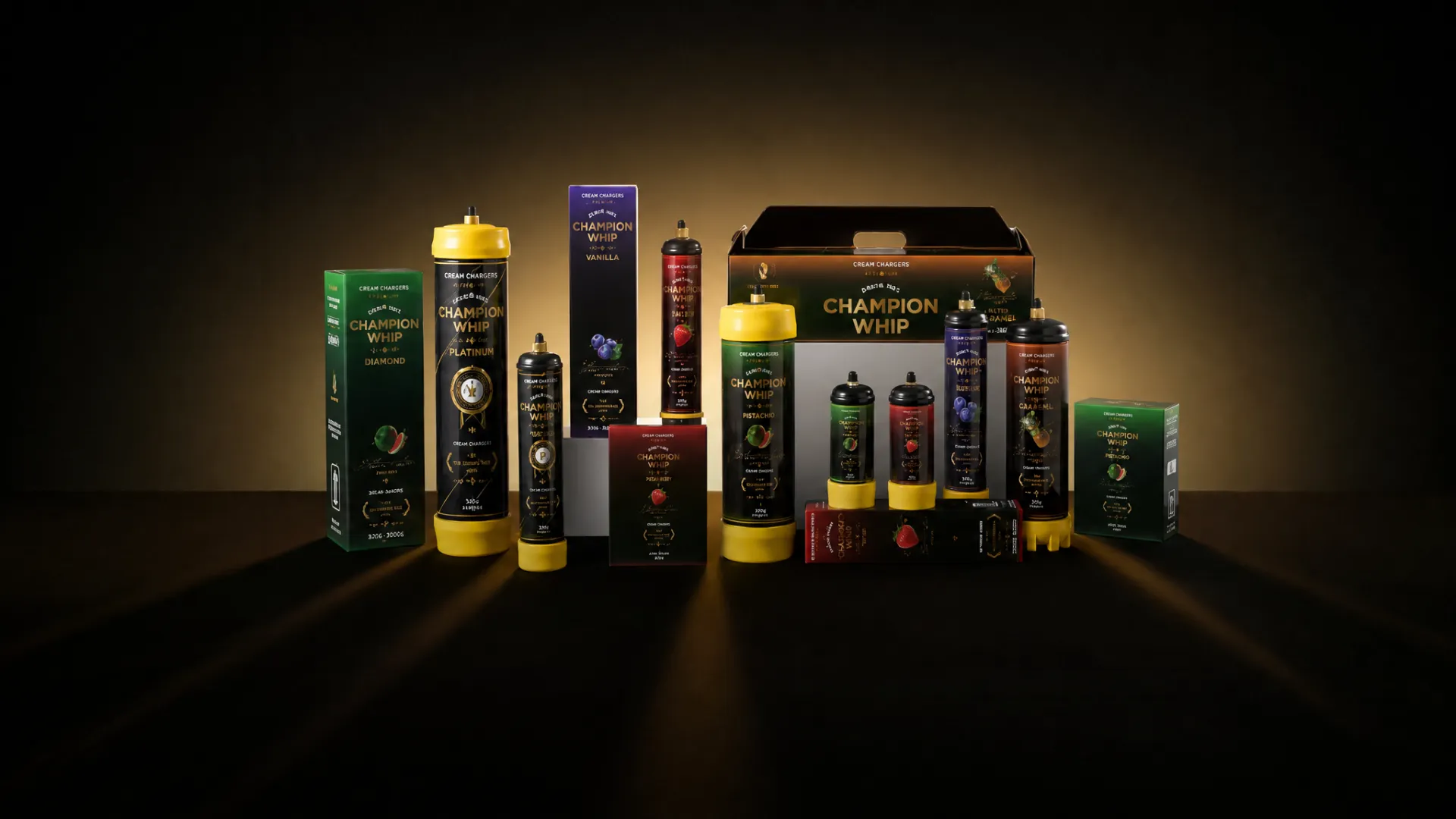 Línea de productos de cargador de crema personalizada Champion Whip - gama completa de tamaños de cilindro con embalaje de caja de color de etiqueta privada