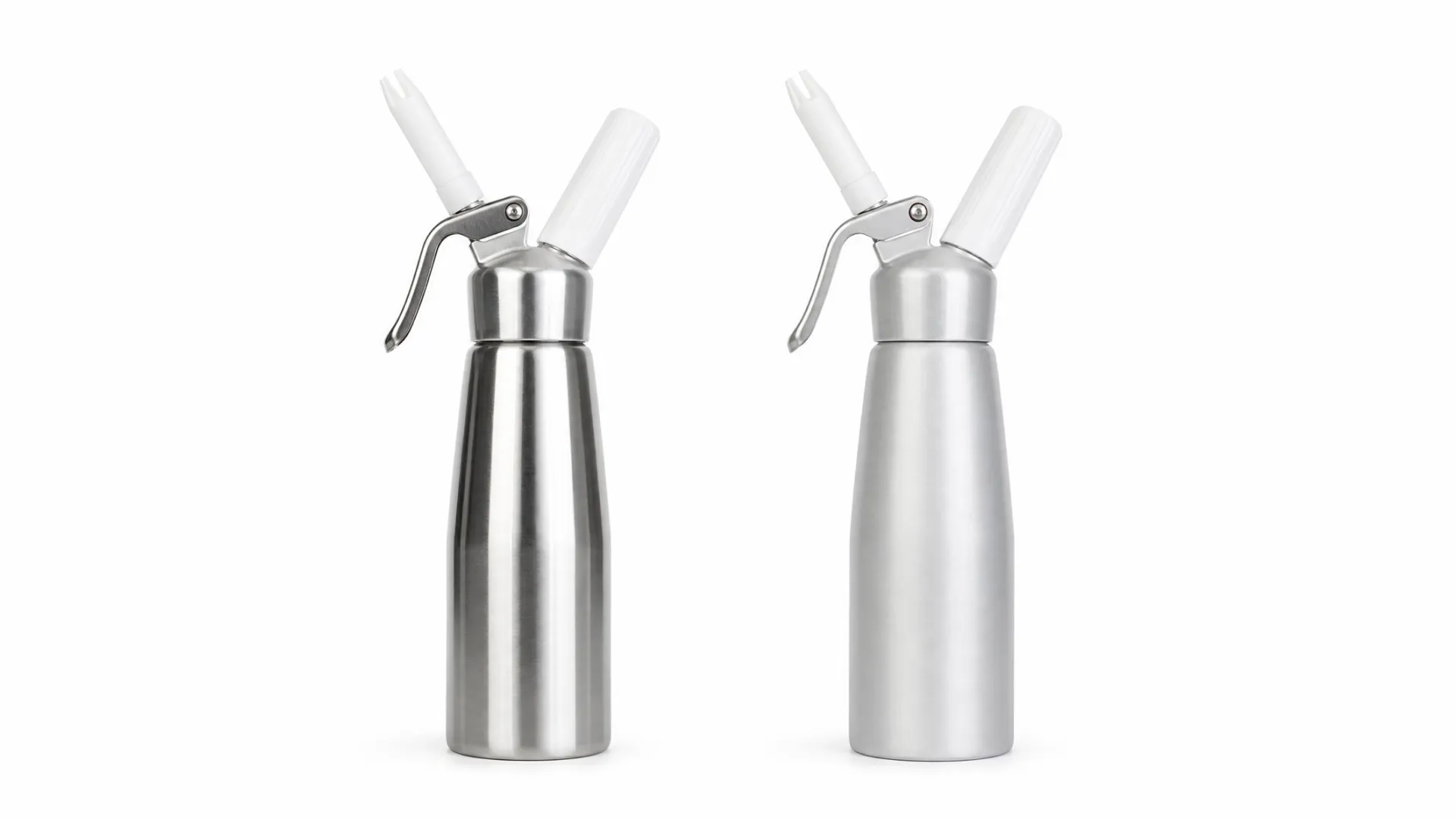 Commercial-grade stainless steel whipped cream dispensers compared side by side on a stainless counter