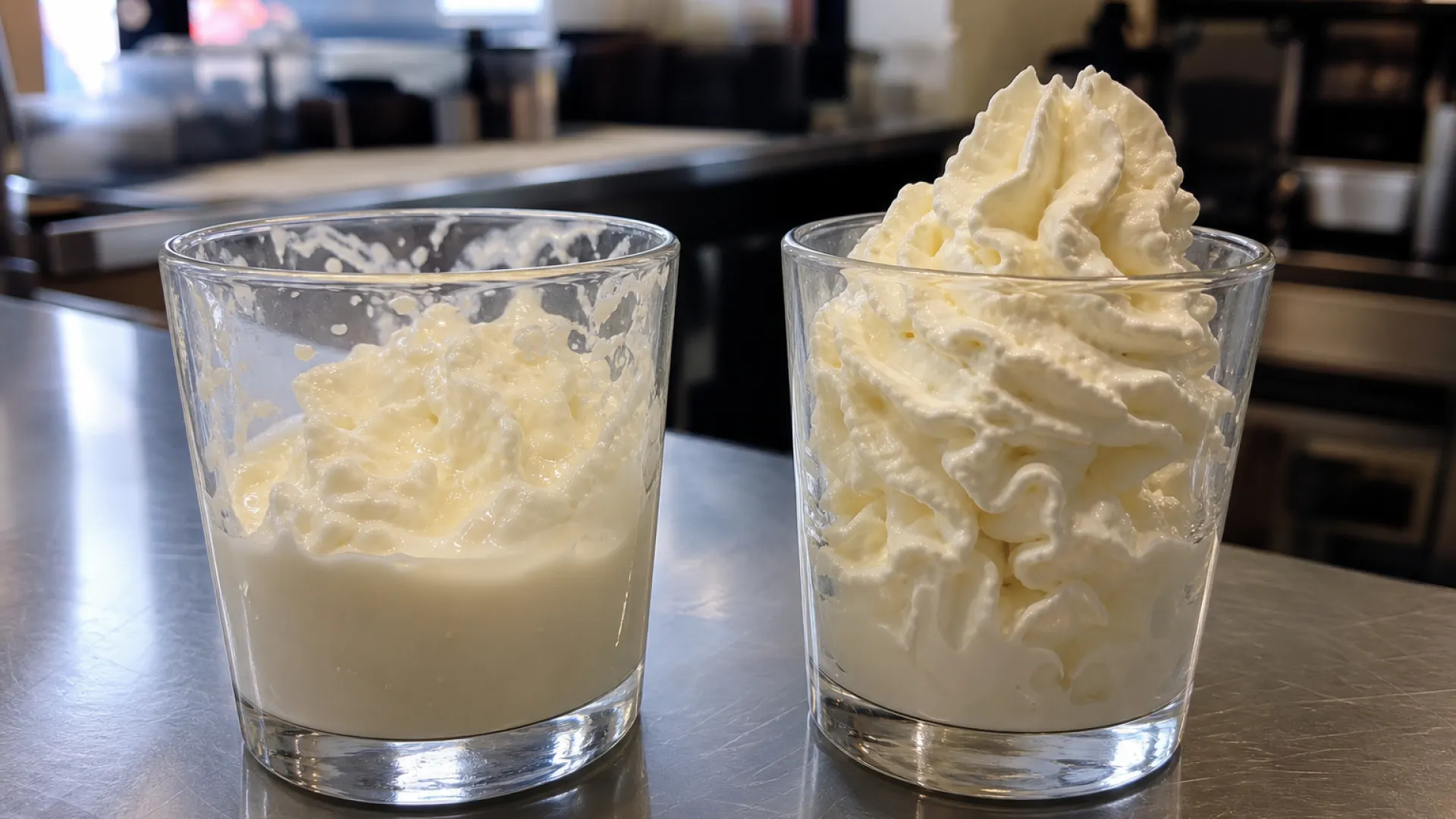 Comparison photo of runny whipped cream versus firm stable foam from a correctly charged dispenser