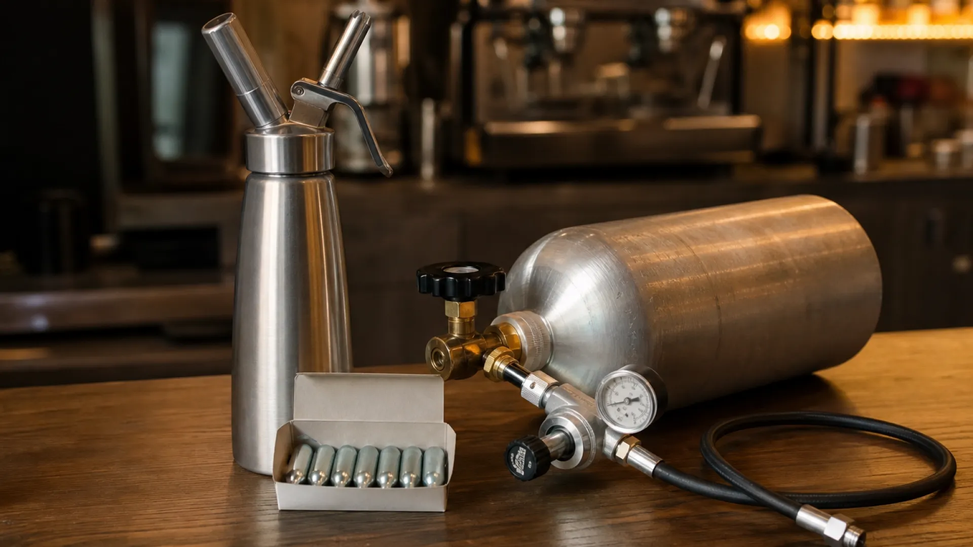 Cream whipper system components arranged on a café bar counter: stainless steel dispenser, 8g N2O cream chargers, large N2O cylinder, and pressure regulator