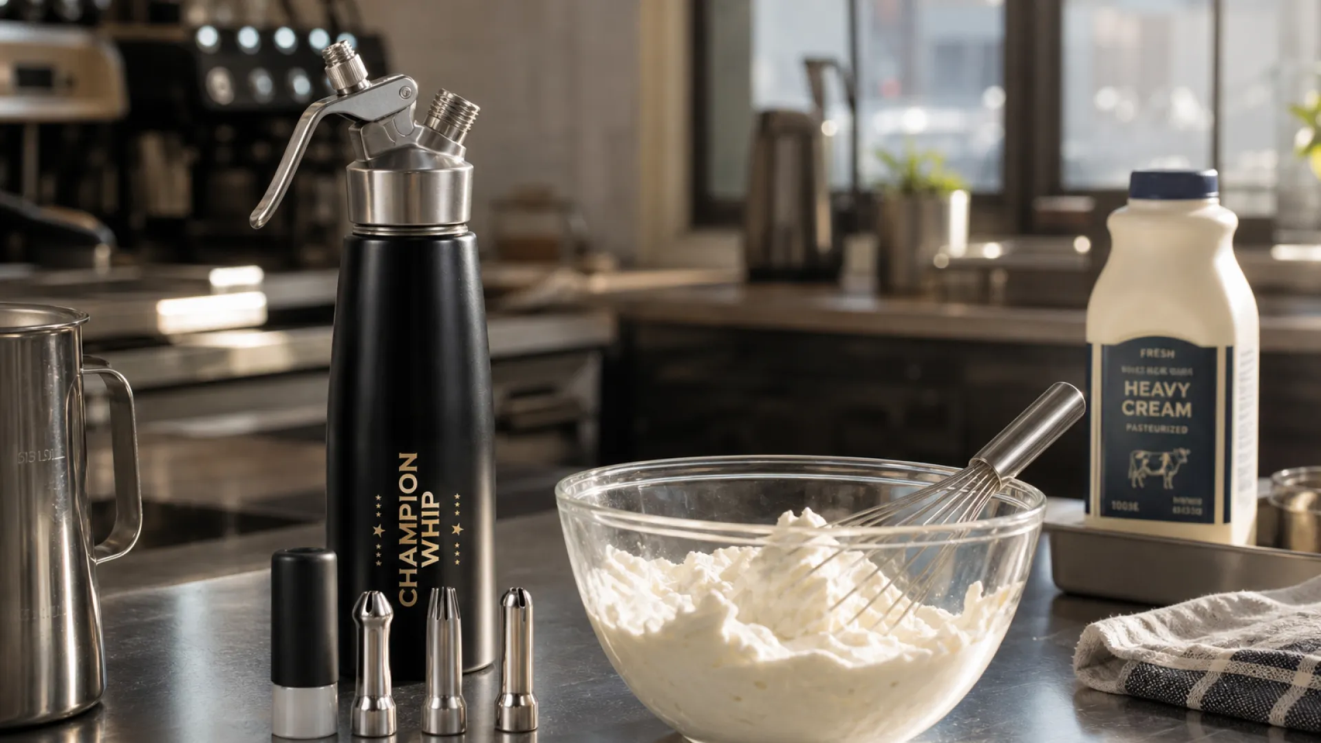 How to use whipped cream dispenser without charger: hand-whipped cream in a glass bowl beside a stainless steel dispenser in a café kitchen