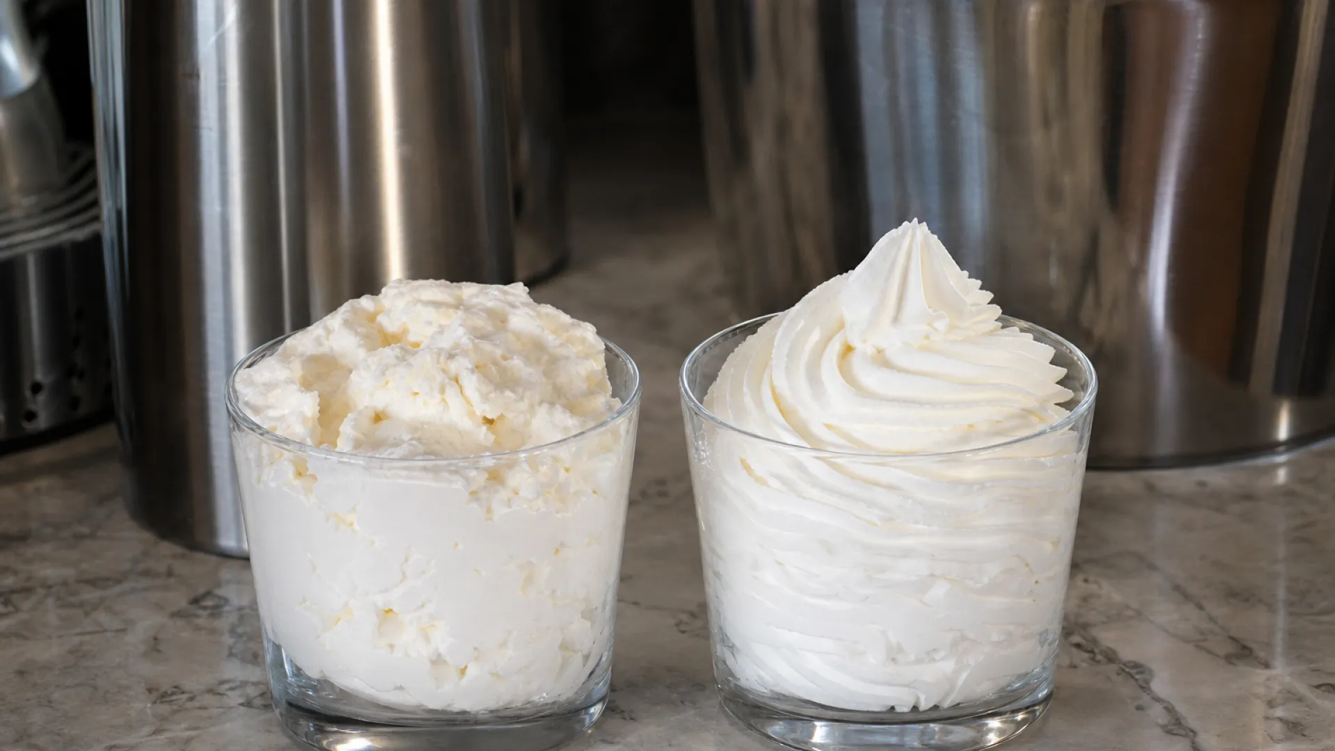 Manual vs charger whipped cream comparison: two glasses showing dense hand-whipped cream and fine dispenser-whipped foam side by side