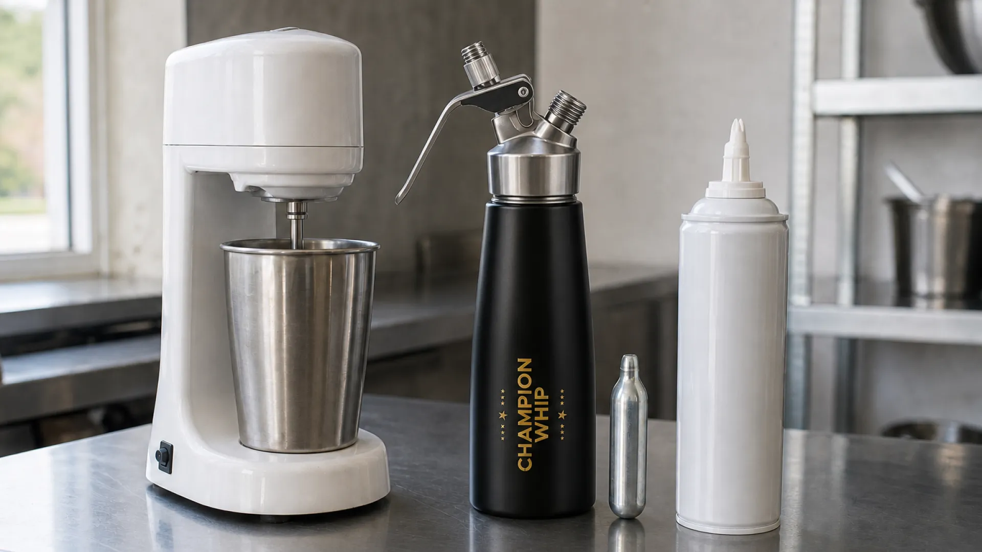 Three types of whipped cream machine compared on a commercial kitchen counter: electric whipping machine, stainless steel cream dispenser with N2O charger, and aerosol can
