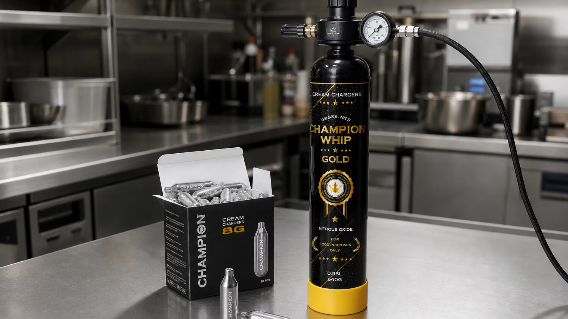 8g cream chargers next to a 640g N2O cylinder with pressure regulator on a commercial kitchen counter