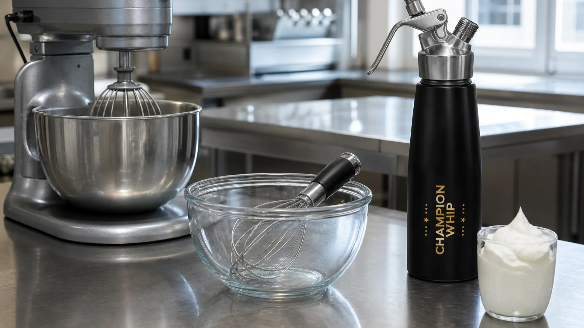 Hand whisk and electric mixer next to a cream whipper, comparing whipping speed in a professional kitchen