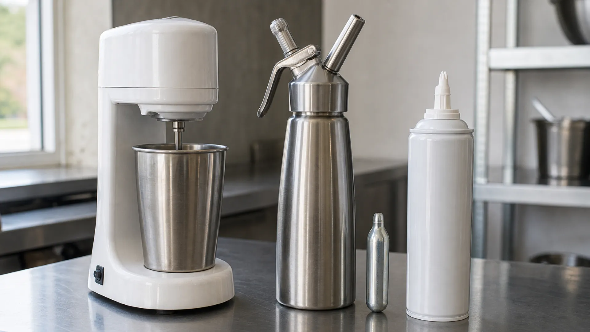 Three types of whipped cream machine compared on a commercial kitchen counter: electric whipping machine, stainless steel cream dispenser with N2O charger, and aerosol can | Champion Whip