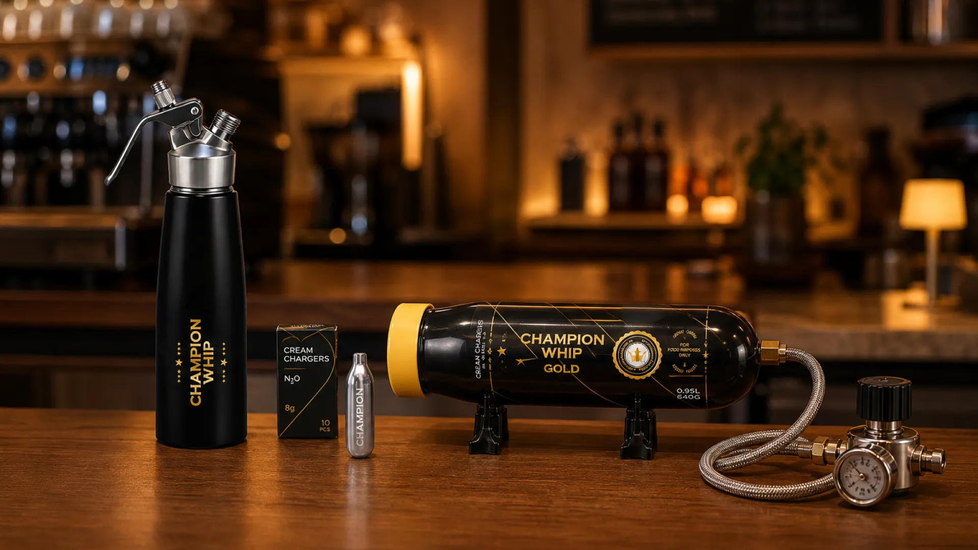Cream whipper system components arranged on a café bar counter: stainless steel dispenser, 8g N2O cream chargers, large N2O cylinder, and pressure regulator
