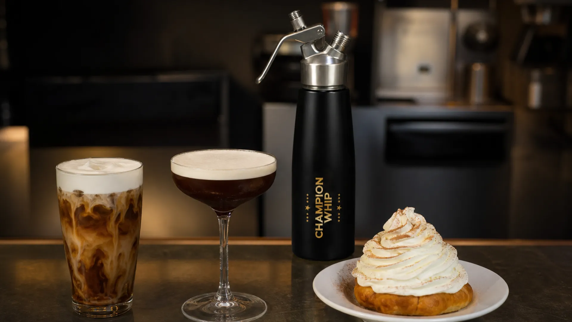 Cold foam, cocktail foam and dessert whipped cream made with the same cream charger dispenser across one café menu