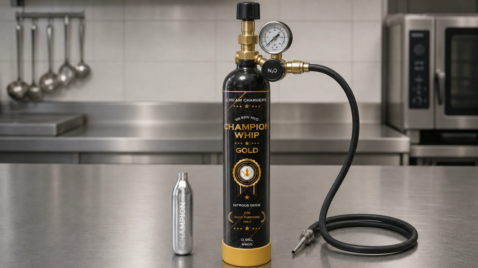 8g cream charger beside a large N2O cylinder with a pressure regulator, showing the scale-up path for commercial use