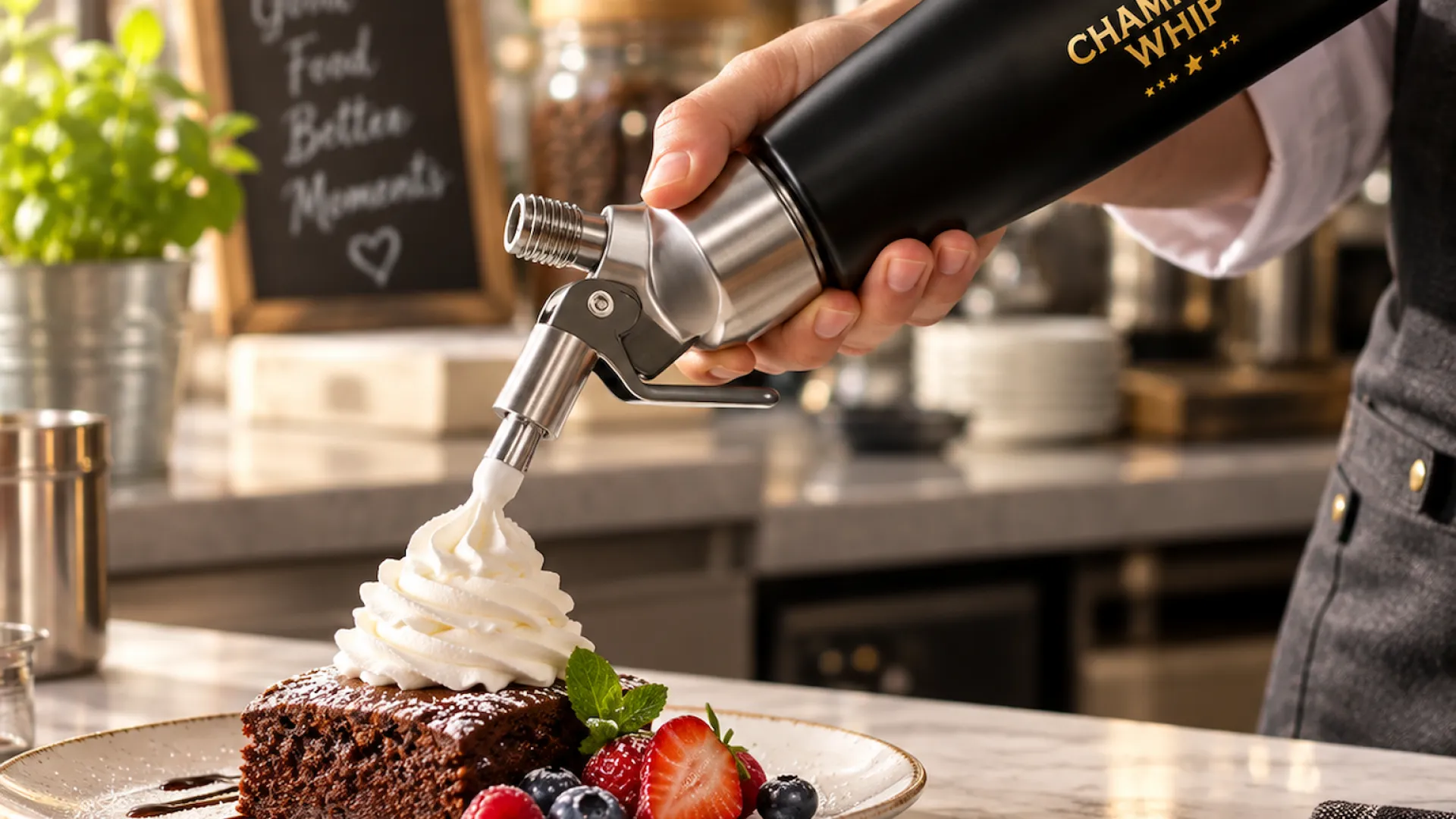 Freshly piped whipped cream rosettes on a cafe dessert beside a stainless steel cream whipper