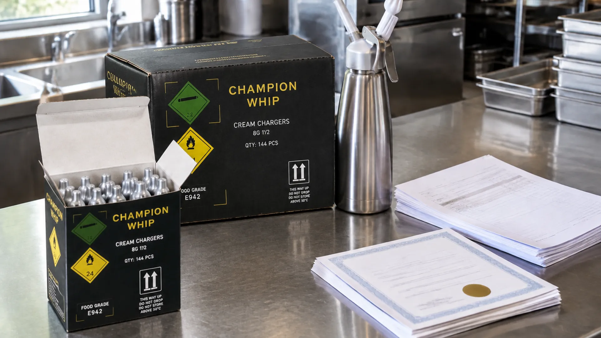 Open wholesale case of cream chargers with invoices and certificates on a commercial bakery kitchen counter