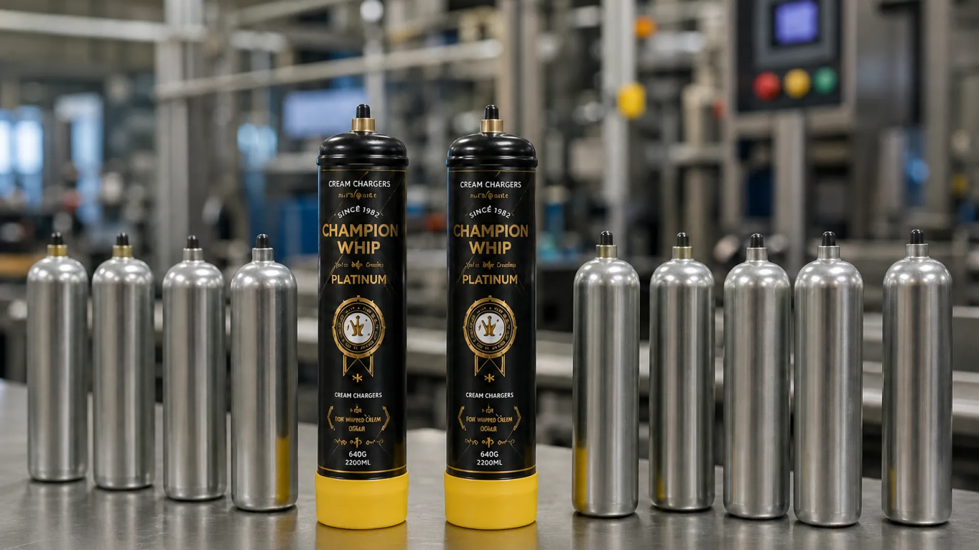 Champion Whip branded 640g cream charger cylinders lined up with plain silver cylinders on a factory bench