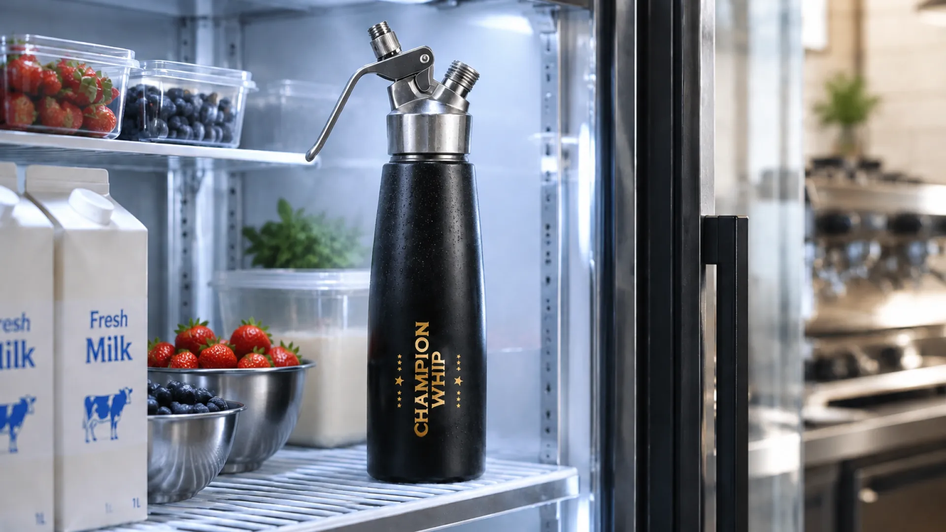 Stainless steel whipped cream dispenser stored in a commercial refrigerator between service orders