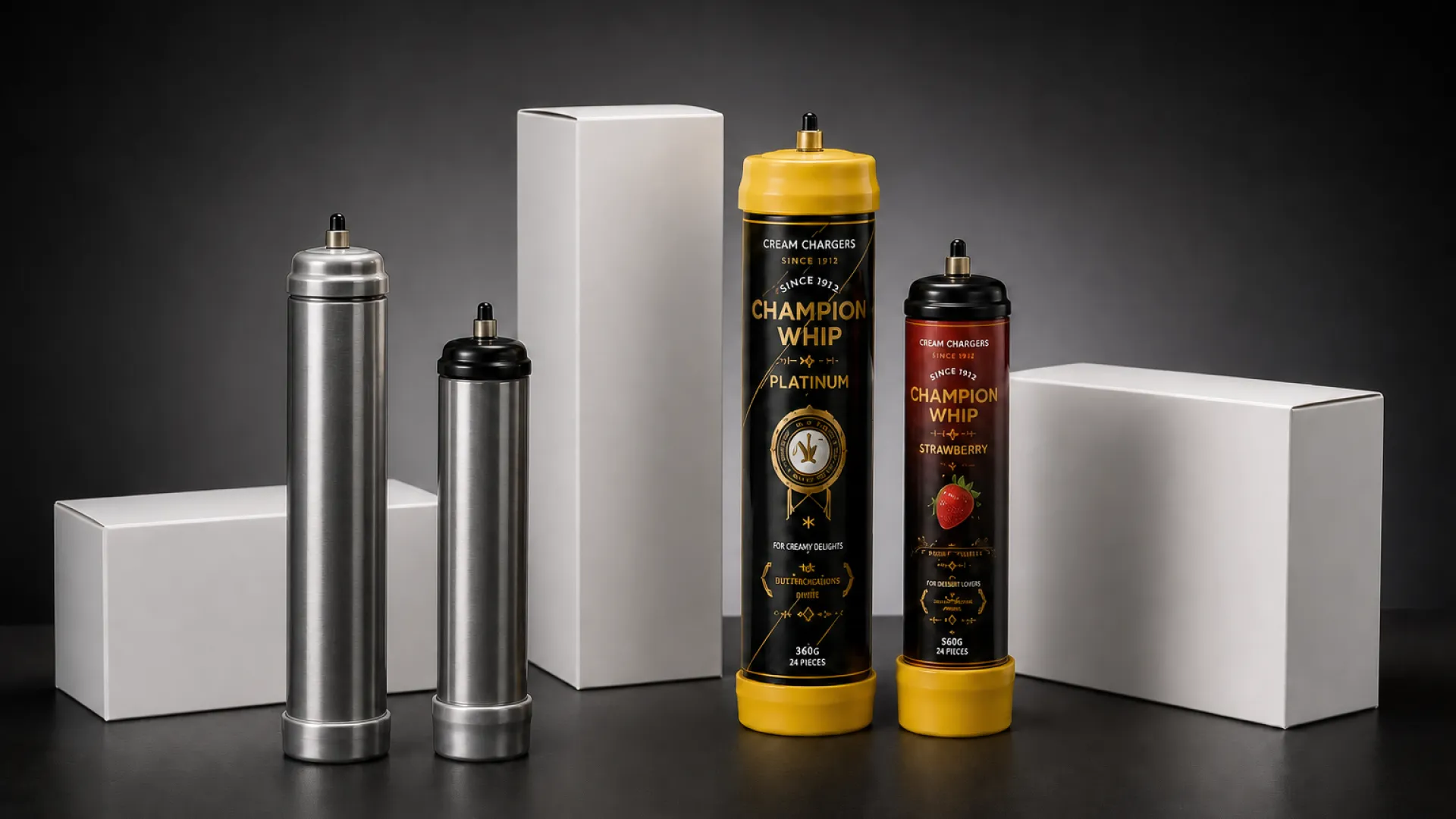 Custom branded N2O cream charger cylinders in platinum and strawberry designs beside plain white retail colorboxes