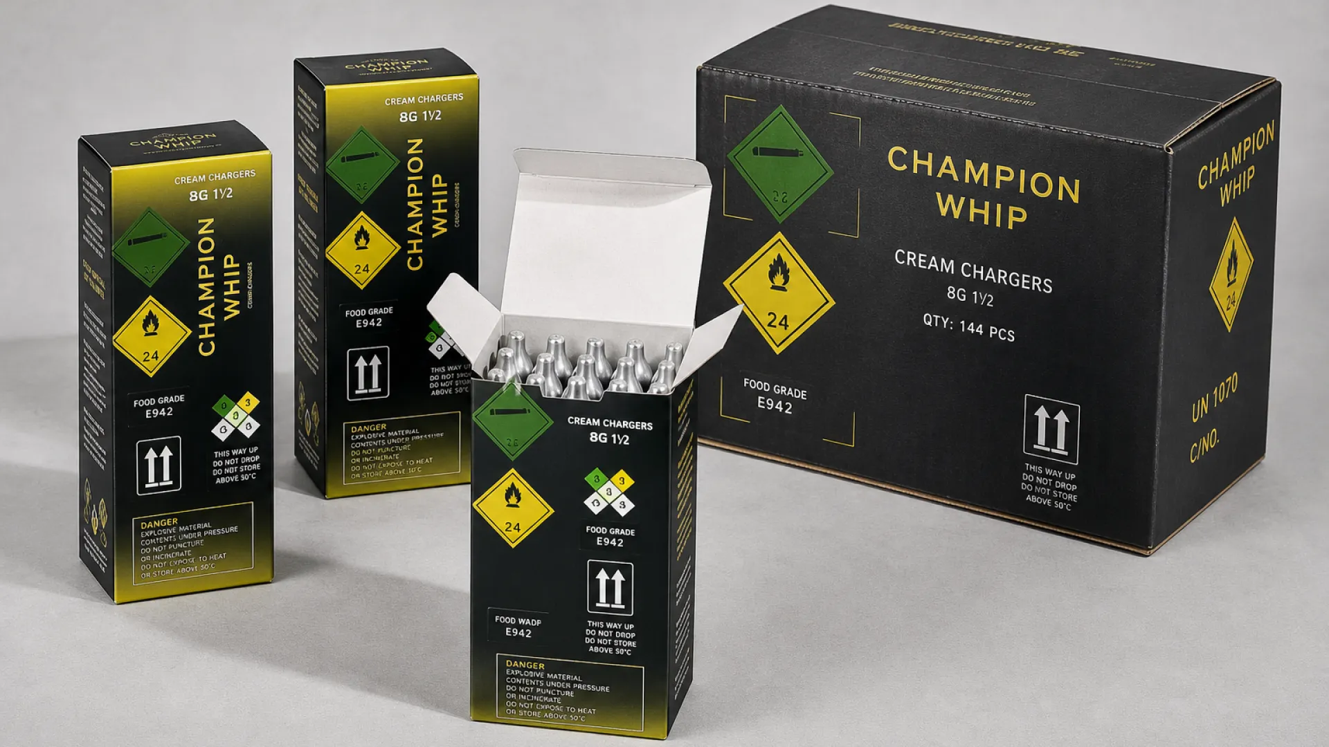 8g cream charger retail colorboxes with hazard labels beside a branded master carton, one box open showing cartridges inside
