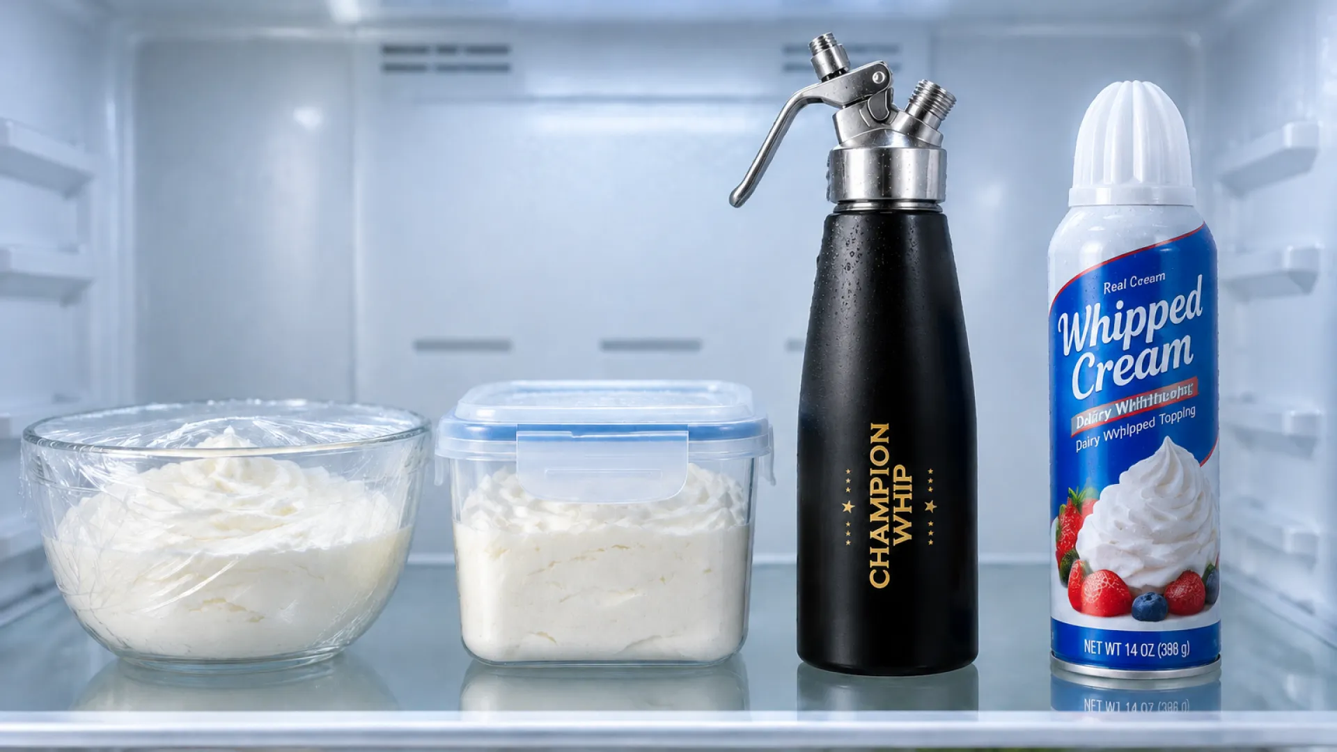 Comparison chart of whipped cream storage times by method: hand-whipped, stabilized, dispenser, and aerosol