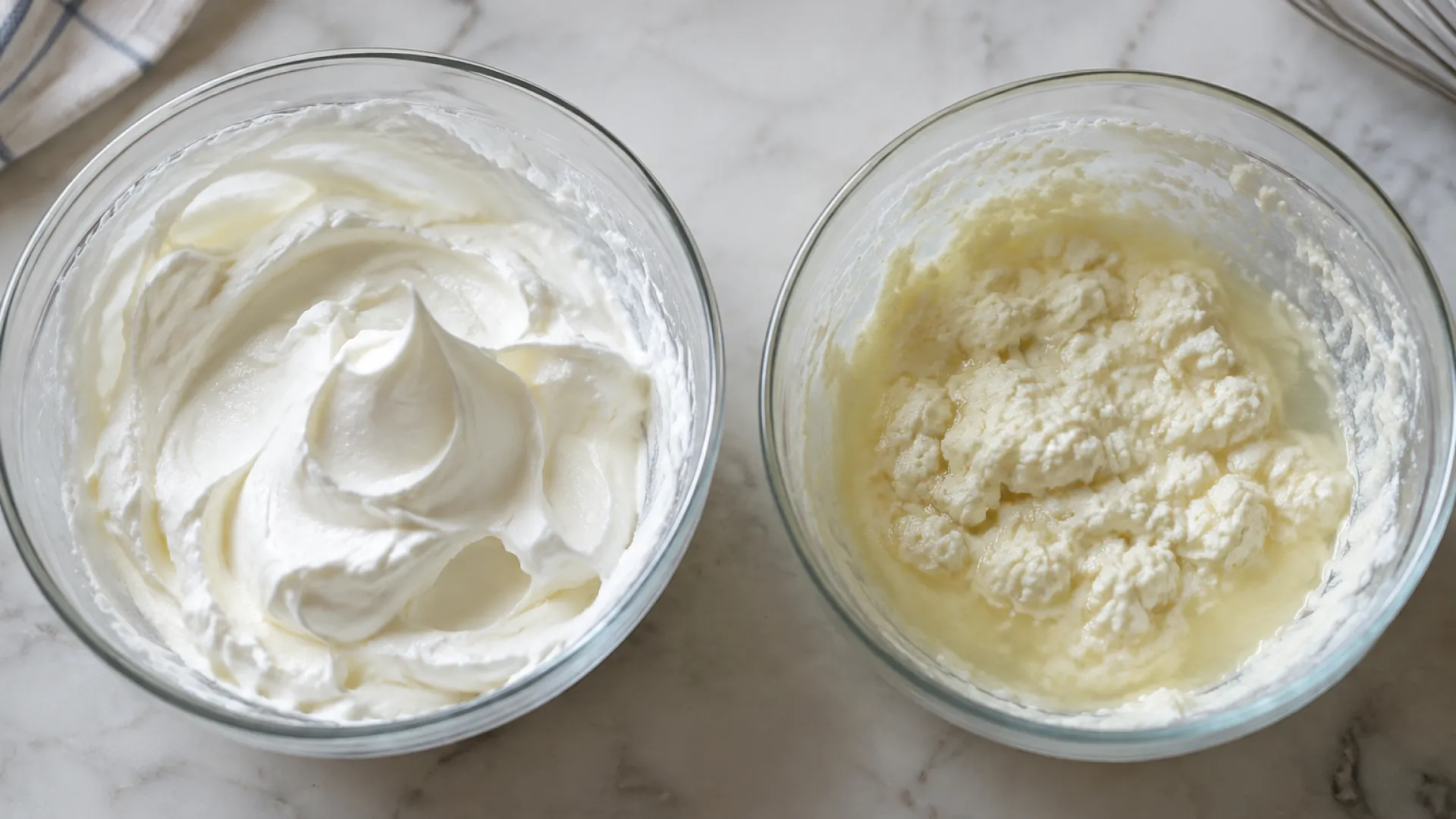 Whipped cream spoilage signs: yellowing, watery separation, and grainy texture in a glass bowl