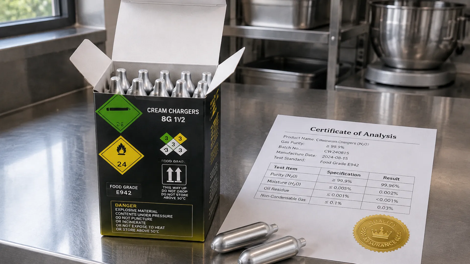 Certificate of Analysis, batch-labeled wholesale case, and cream chargers on a commercial kitchen receiving counter