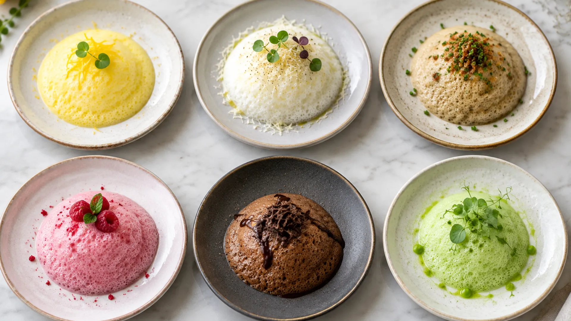 Six plated espuma foams: lemon, parmesan, potato, raspberry, dark chocolate, and pea