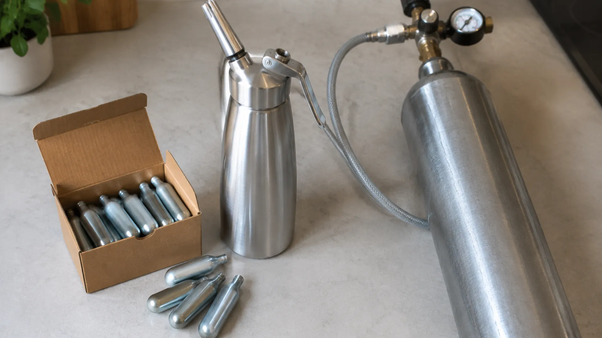 Cream charger brand categories: traditional 8g cartridges beside a large 640g N2O cylinder with pressure regulator