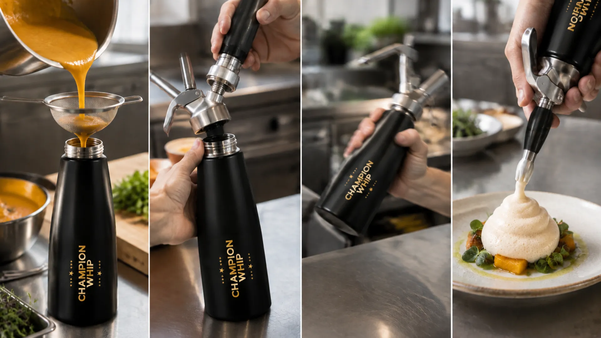 Four steps of making espuma: pouring the base into a cream whipper, attaching an N2O charger, shaking, and dispensing the foam